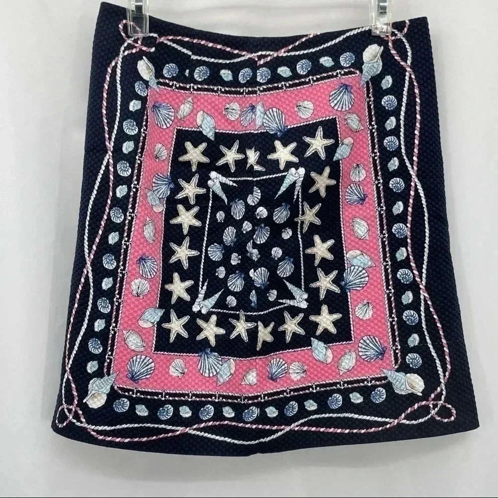 Talbots Skirt Women 2P Navy Pink Nautical Seashell Starfish Pique‎ A-Line Mini